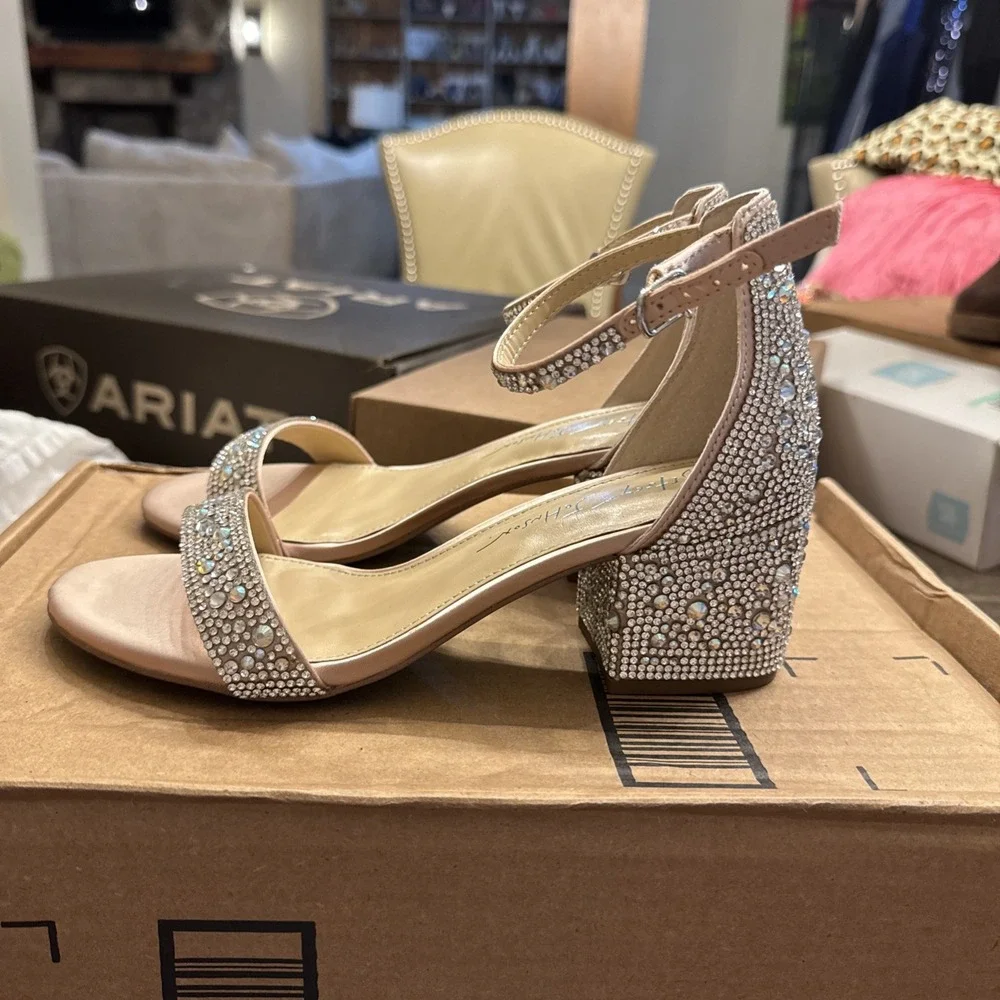 Embellished Block Heel Sandal in Blush with Silver Crystals